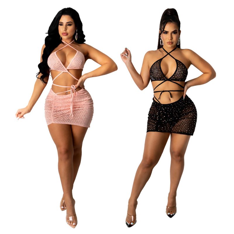 ANJAMANOR Sexy 2 Piece Set Bling Rhinestones Sheer Mesh Ruched Mini Skirts Club Outfits Women Summer Clothing D57-CG15 - Afbeelding 3