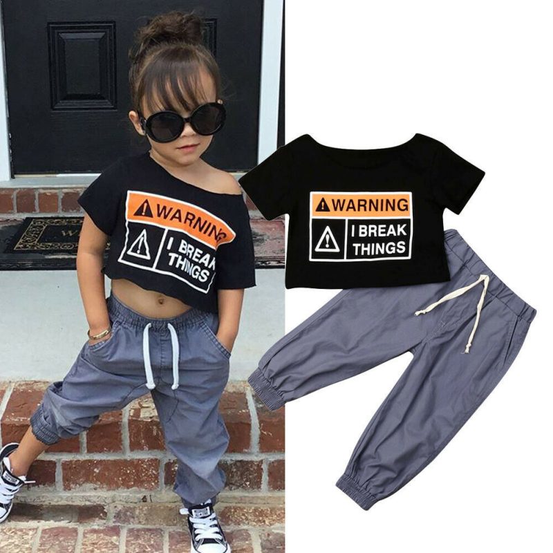 Letter Printed Short Sleeve Tethered Pants Kids Set