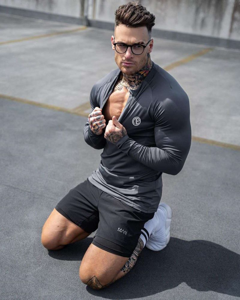 Zipper Neck Fitness Shirts Men Black Long Sleeve GYM Sport Tshirt - Afbeelding 3