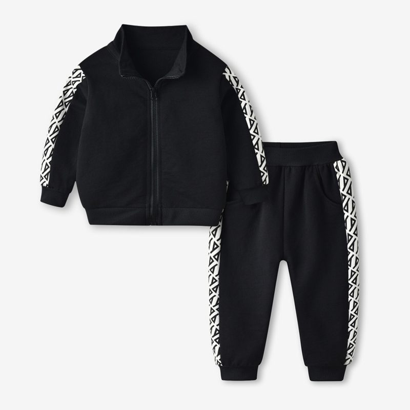 CUHK Kids Long Sleeve Printed Zipper Shirt Casual Sports Pants Set Black Two-Piece Set - Afbeelding 3