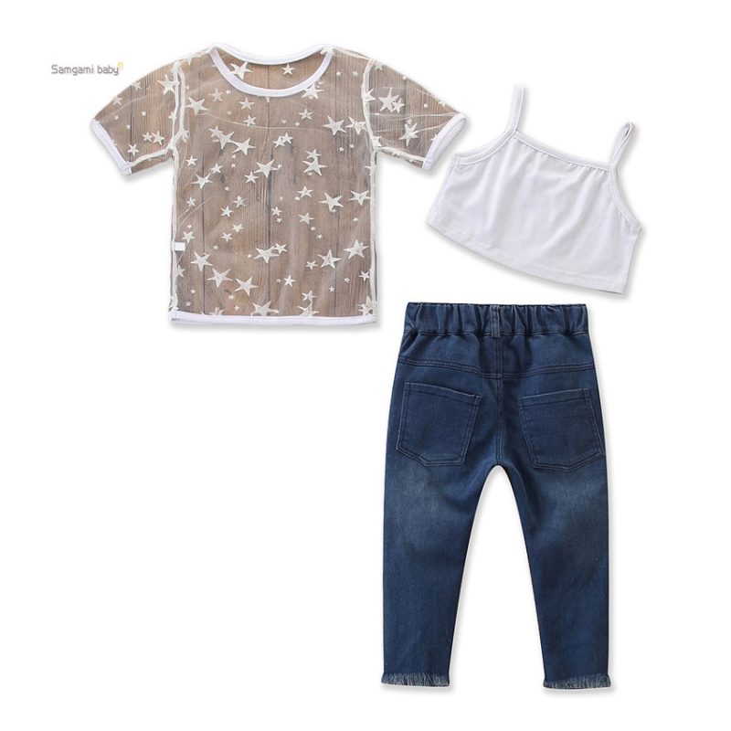 Toddler Kids Girls Short Sleeve Star T-shirt Tops Hole Denim pants pearl Jeans 2PCS Clothing Set - Afbeelding 2