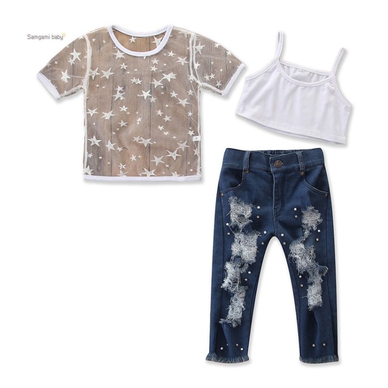 Toddler Kids Girls Short Sleeve Star T-shirt Tops Hole Denim pants pearl Jeans 2PCS Clothing Set - Afbeelding 3