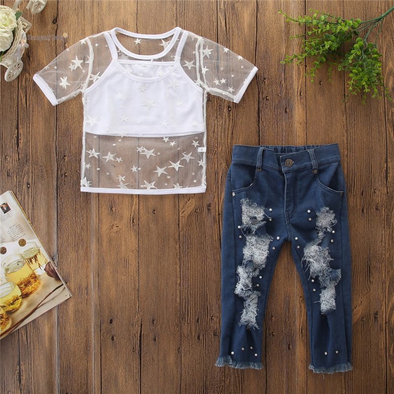 Toddler Kids Girls Short Sleeve Star T-shirt Tops Hole Denim pants pearl Jeans 2PCS Clothing Set - Afbeelding 4