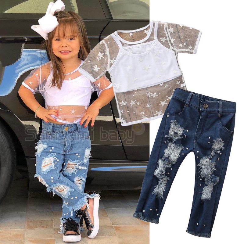 Toddler Kids Girls Short Sleeve Star T-shirt Tops Hole Denim pants pearl Jeans 2PCS Clothing Set - Afbeelding 5