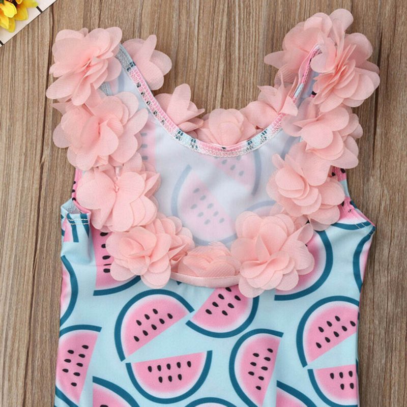 Kids Swimwear Watermelon Print with 3D Flowers Decor One Piece Girl's Bathing Suit for Beach Pink and Blue 110cm/43.3in - Afbeelding 8