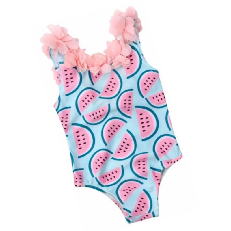 Kids Swimwear Watermelon Print with 3D Flowers Decor One Piece Girl's Bathing Suit for Beach Pink and Blue 110cm/43.3in - Afbeelding 3