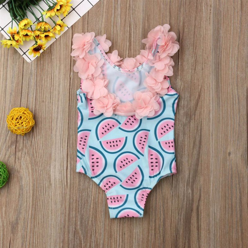 Kids Swimwear Watermelon Print with 3D Flowers Decor One Piece Girl's Bathing Suit for Beach Pink and Blue 110cm/43.3in - Afbeelding 10