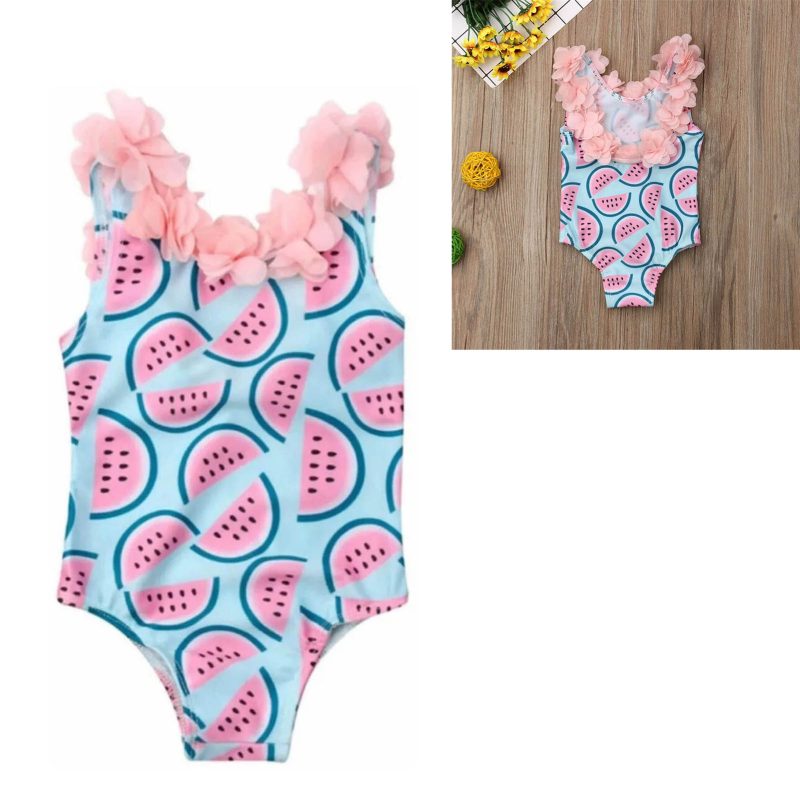 Kids Swimwear Watermelon Print with 3D Flowers Decor One Piece Girl's Bathing Suit for Beach Pink and Blue 110cm/43.3in - Afbeelding 7